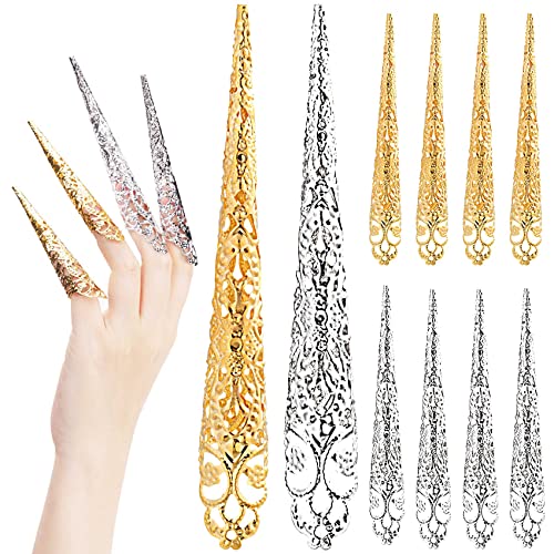 ANCIRS 20 Pack Finger Nail Tip Claw Rings, Ancient Queen Costume Fingertip Claw Nail Rings Decoration Accessory, Finger Knuckle Protectors for Halloween Cosplay Drama Dance Show- 10 Gold & 10 Silver - Image 1