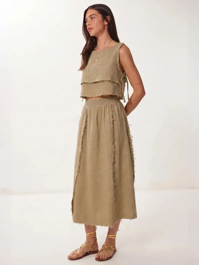 Happiness İstanbul ISTANBUL Cotton Sleeveless Blouse And Midi Skirt Set