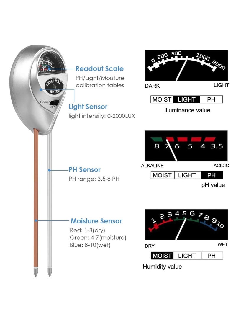سيوسي Soil PH Meter, 3-in-1 Soil Moisture/Light/PH Tester Gardening Tool Kits, Plant Care Tools for Garden, Lawn, Farm, Indoor  Outdoor Use, No Battery Required (Silver) - Image 3
