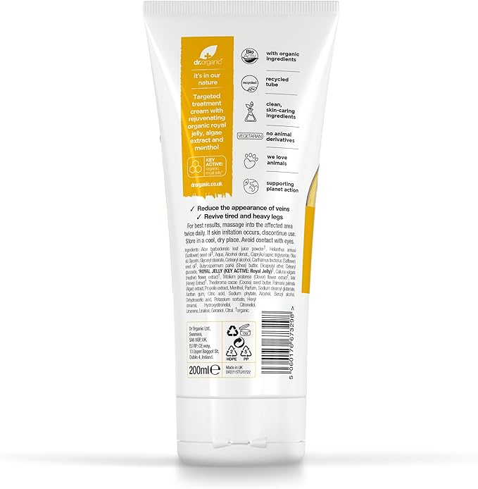 dr.organic كريم دكتور أورجانيك لدوالي الساقين مع هلام ملكي عضوي لترطيب الساقين الثقيلة نباتي طبيعي خالي من القسوة خالي من البارابين وخالي من SLS عبوة قابلة لإعادة التدوير 200 مل قد تختلف العبوة - Image 2