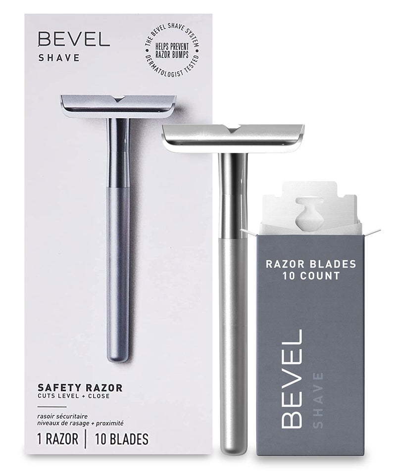 Bevel شفرة حلاقة بيفل الآمنة مع مقبض نحاسي مثقل و 10 شفرات حلاقة مزدوجة حادة، شفرة حلاقة فردية للرجال، مصممة للشعر الخشن لمنع نتوءات الحلاقة - فضي (قد يختلف التعبئة)  - Image 1