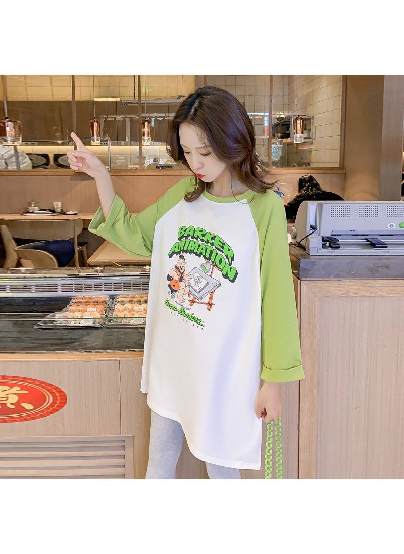 Generic - Spring Autumn Season T-shirt Fashionable Top Printed Seven-point Sleeve Loose Base Shirt Trendy Mom Green 805 Top - Image 1