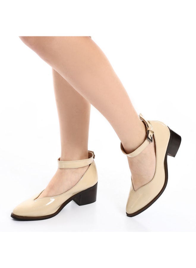 Mr.joe Buckle Closure Pointed Mid Heels Pumps Beige  - Image 2