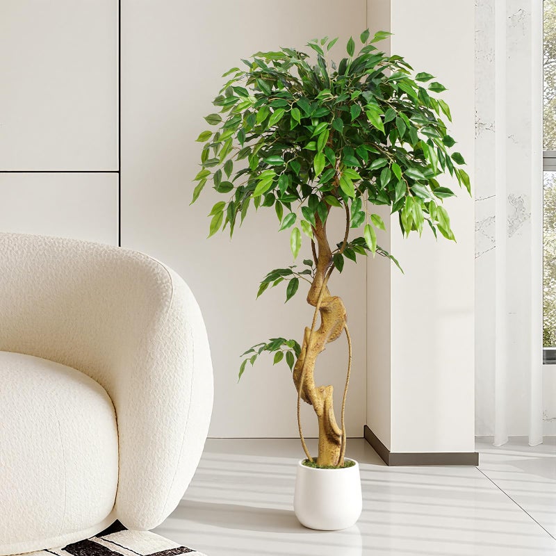 Keeplush 4ft Large Ficus Artificial Trees in White Pot, 48" Tall Fake Silk Tree with Natural Curved Trunk, Lush Faux Ficus Tree for Indoor Home Decor, Living Room, Office & Patio - Image 2