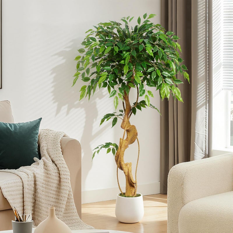 Keeplush 4ft Large Ficus Artificial Trees in White Pot, 48" Tall Fake Silk Tree with Natural Curved Trunk, Lush Faux Ficus Tree for Indoor Home Decor, Living Room, Office & Patio - Image 3