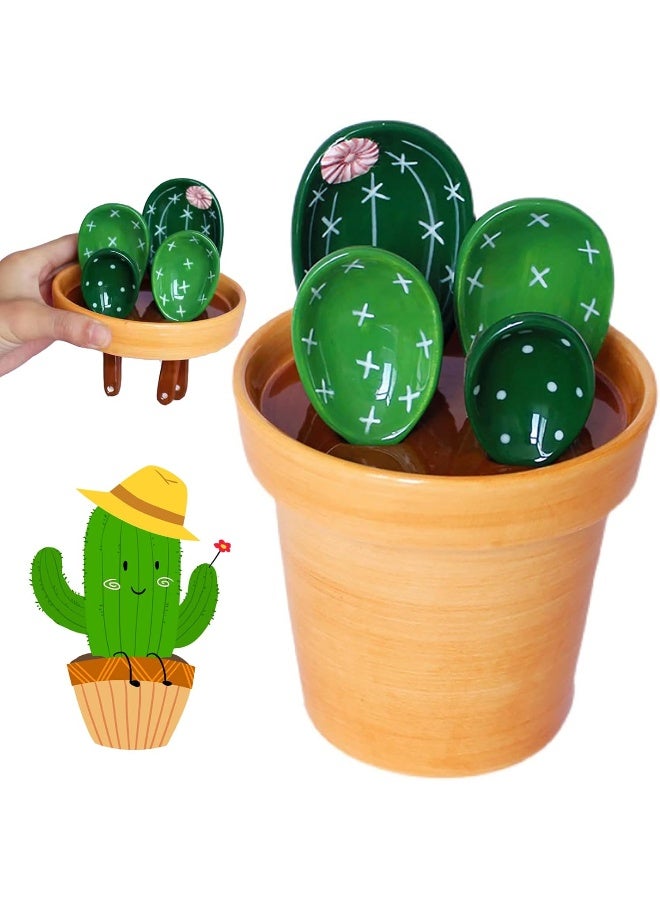 Cactus Measuring Spoons and Cups Set, Cute Ceramic Measuring Spoons, Baking Cacti Measuring Spoon with Holder for Milk Powder Sugar Salt Wet Dry Ingredients, Kitchen Home Small Decorations Ornaments  - Image 1