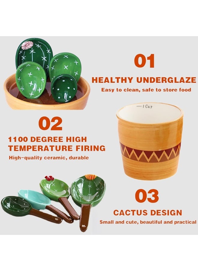 Cactus Measuring Spoons and Cups Set, Cute Ceramic Measuring Spoons, Baking Cacti Measuring Spoon with Holder for Milk Powder Sugar Salt Wet Dry Ingredients, Kitchen Home Small Decorations Ornaments  - Image 3