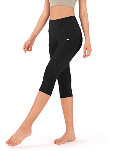 ODODOS Women's High Waisted Yoga Capris with Pockets,Tummy Control Non See Through Workout Sports Running Capri Leggings, Black,Small - Image 2