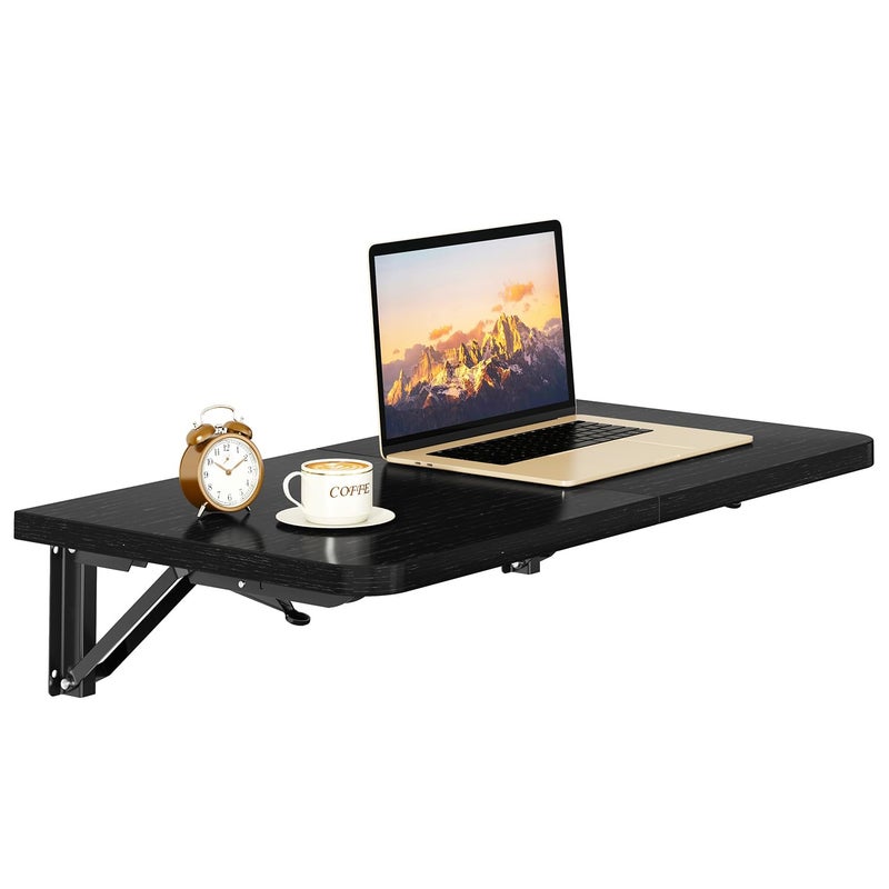 IBUYKE Wall Mounted Folding Table, Floating Wall Desk for Small Spaces, Fold Down Laundry Shelf with Heavy-Duty Brackets, Wall Table for Home Office/Bar/Kitchen/Dining Black UTVT005B - Image 1
