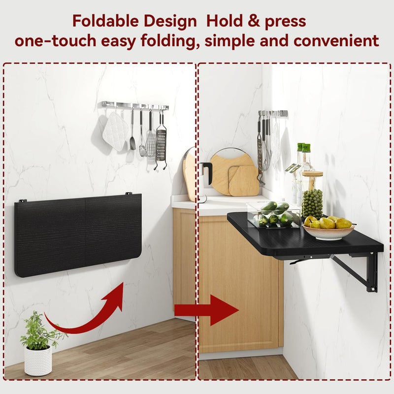 IBUYKE Wall Mounted Folding Table, Floating Wall Desk for Small Spaces, Fold Down Laundry Shelf with Heavy-Duty Brackets, Wall Table for Home Office/Bar/Kitchen/Dining Black UTVT005B - Image 3