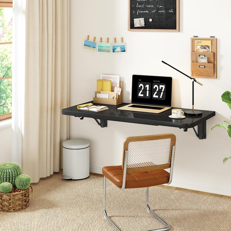IBUYKE Wall Mounted Folding Table, Floating Wall Desk for Small Spaces, Fold Down Laundry Shelf with Heavy-Duty Brackets, Wall Table for Home Office/Bar/Kitchen/Dining Black UTVT005B - Image 2