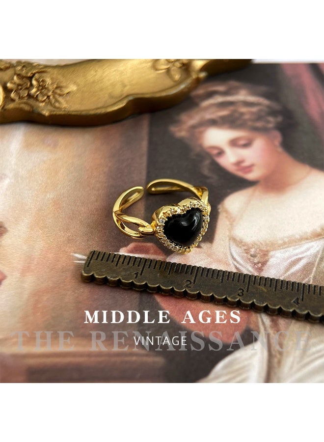 【Dark Sweetheart】Black-Gold Heart Open Ring Full Zircon Inlaid Retro Light Luxury Index Finger Ring - Image 1