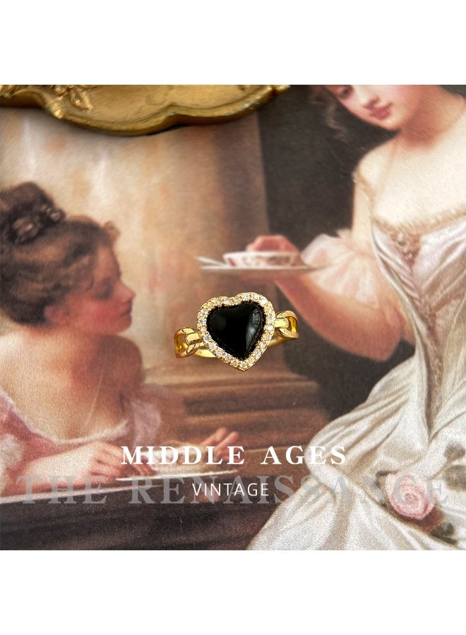 【Dark Sweetheart】Black-Gold Heart Open Ring Full Zircon Inlaid Retro Light Luxury Index Finger Ring - Image 2