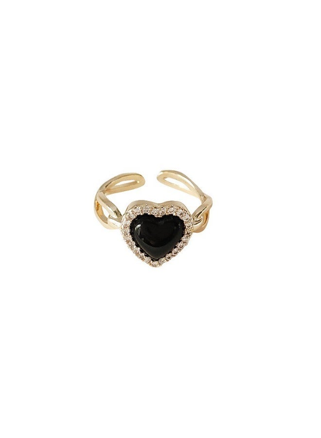 【Dark Sweetheart】Black-Gold Heart Open Ring Full Zircon Inlaid Retro Light Luxury Index Finger Ring - Image 3