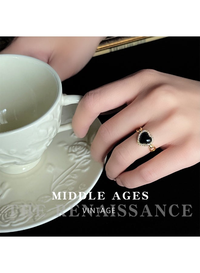 【Dark Sweetheart】Black-Gold Heart Open Ring Full Zircon Inlaid Retro Light Luxury Index Finger Ring - Image 4