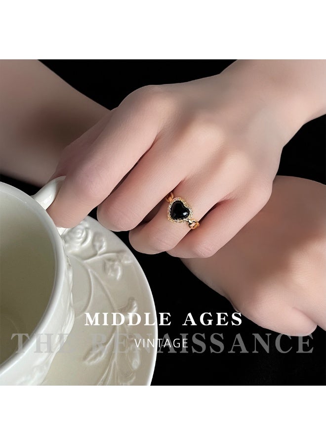 【Dark Sweetheart】Black-Gold Heart Open Ring Full Zircon Inlaid Retro Light Luxury Index Finger Ring - Image 5