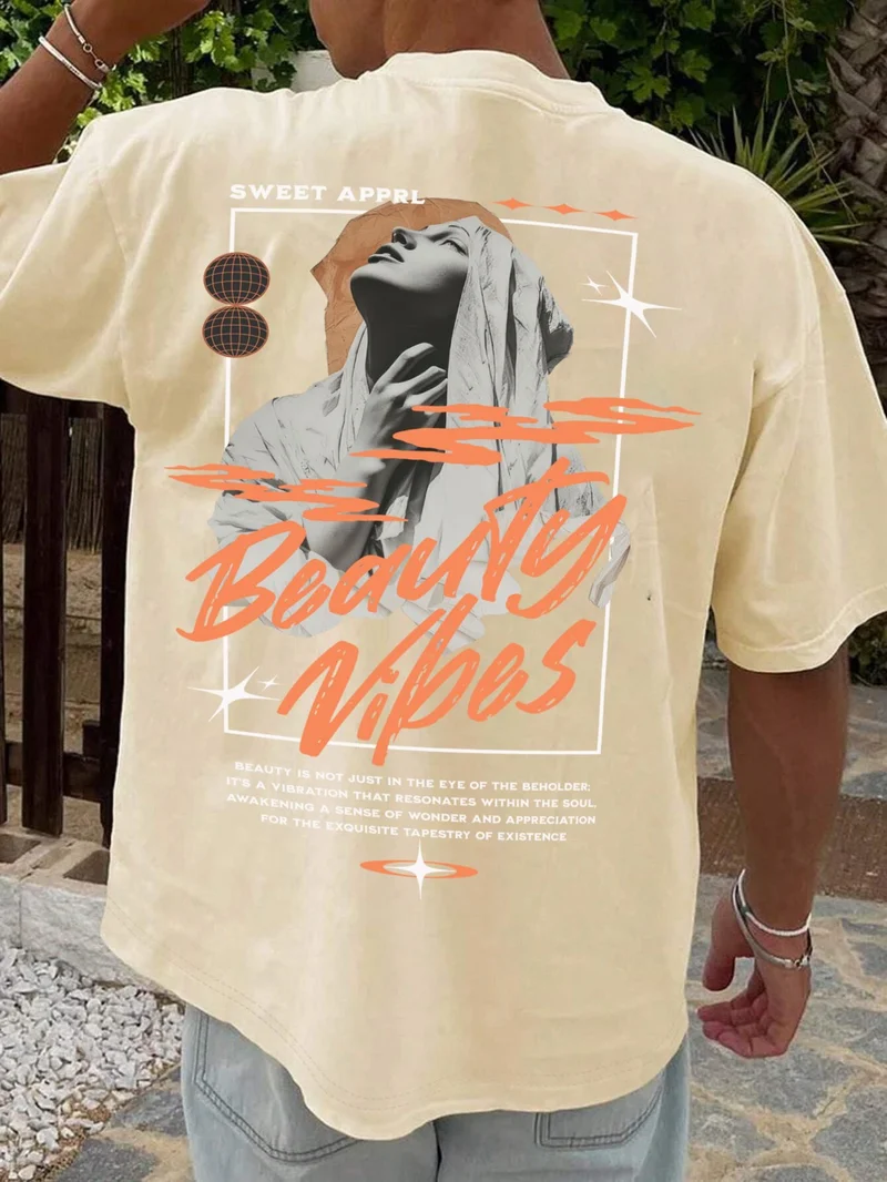 DogFish Oversize Printed Beige Color Casual T-Shirt 100% Cotton