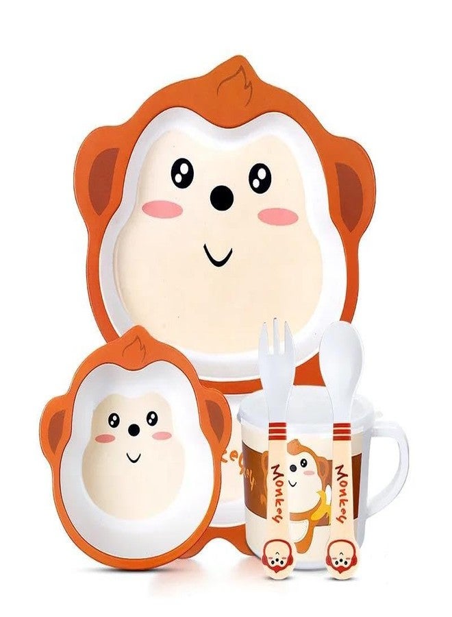 Radhya Accessories 5 Pieces Bamboo Fibre Tableware for Kids, Boys, Girls, Eco Friendly Set of Cup Plate Bowl Fork Spoon, Baby Feeding Utensils (Monkey) - Image 1