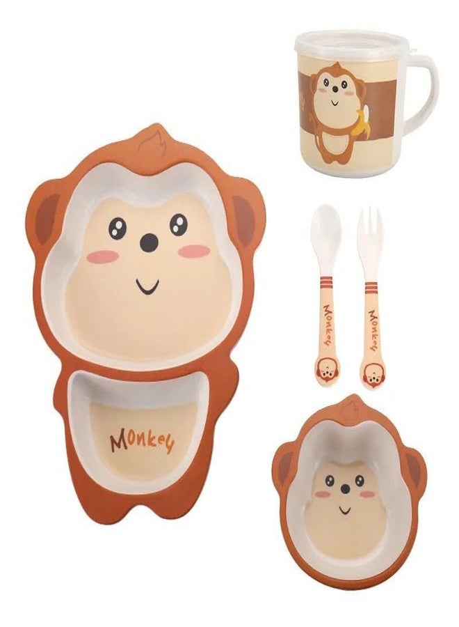 Radhya Accessories 5 Pieces Bamboo Fibre Tableware for Kids, Boys, Girls, Eco Friendly Set of Cup Plate Bowl Fork Spoon, Baby Feeding Utensils (Monkey) - Image 5