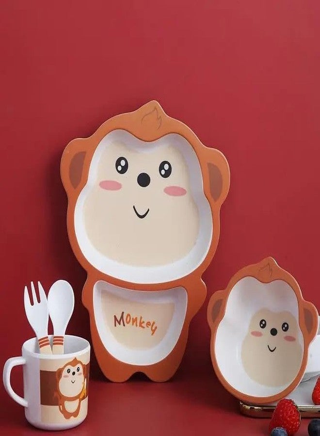 Radhya Accessories 5 Pieces Bamboo Fibre Tableware for Kids, Boys, Girls, Eco Friendly Set of Cup Plate Bowl Fork Spoon, Baby Feeding Utensils (Monkey) - Image 3