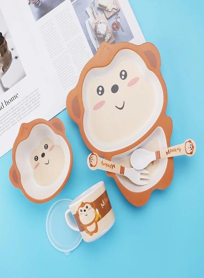 Radhya Accessories 5 Pieces Bamboo Fibre Tableware for Kids, Boys, Girls, Eco Friendly Set of Cup Plate Bowl Fork Spoon, Baby Feeding Utensils (Monkey) - Image 2