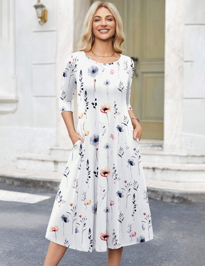 HOTOUCH Womens Casual Summer Dress Floral Midi Dress 3/4 Sleeve Print Dress A Line Flowy Beach Dress White Floral, L - Image 3