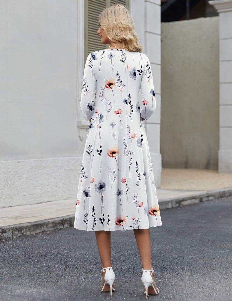 HOTOUCH Womens Casual Summer Dress Floral Midi Dress 3/4 Sleeve Print Dress A Line Flowy Beach Dress White Floral, L - Image 2