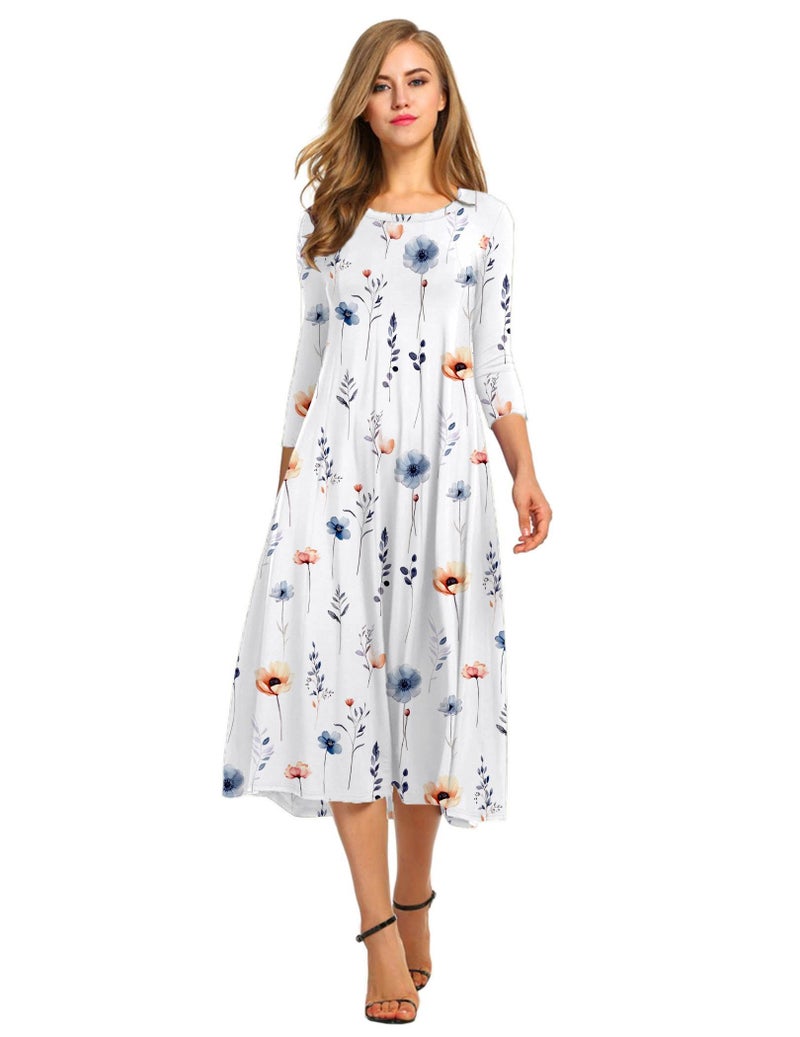 HOTOUCH Womens Casual Summer Dress Floral Midi Dress 3/4 Sleeve Print Dress A Line Flowy Beach Dress White Floral, L - Image 1
