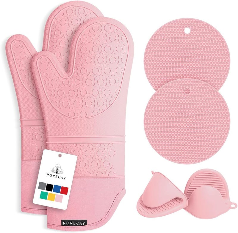 Rorecay Extra Long Oven Mitts and Pot Holders Sets: Heat Resistant Silicone Oven Mittens with Mini Oven Gloves and Hot Pads Potholders for Kitchen Baking Cooking, Quilted Liner, Pack of 6 (Pink) - Image 1