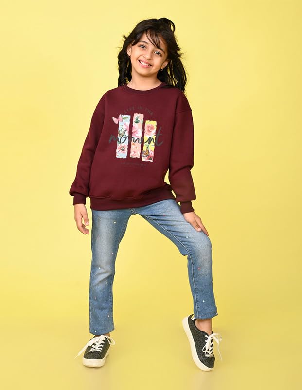Nusyl Girl's Moment textPrinted Crew/Round Neck Oversized Sweatshirt |Skin Friendly Full Sleeve Sweatshirt|Pullover Loose Fit Sweatshirt | Burgundy - Image 4