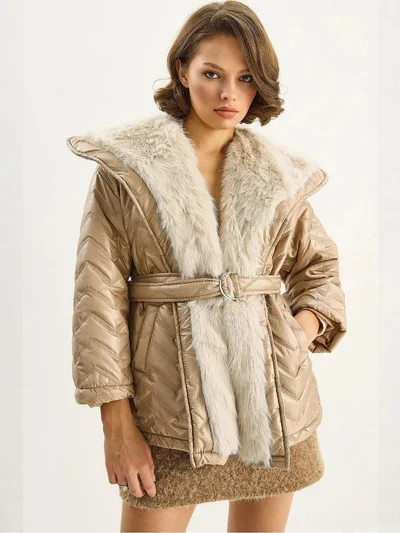 Bianco Lucci LUCCI Hooded Faux Fur Detailed Jacket