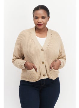 ESPRIT Women V-Neck Long Sleeves Knitted Cardigans, Beige  - Image 1