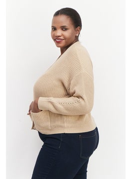 ESPRIT Women V-Neck Long Sleeves Knitted Cardigans, Beige  - Image 4