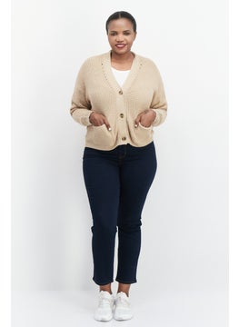 ESPRIT Women V-Neck Long Sleeves Knitted Cardigans, Beige  - Image 2