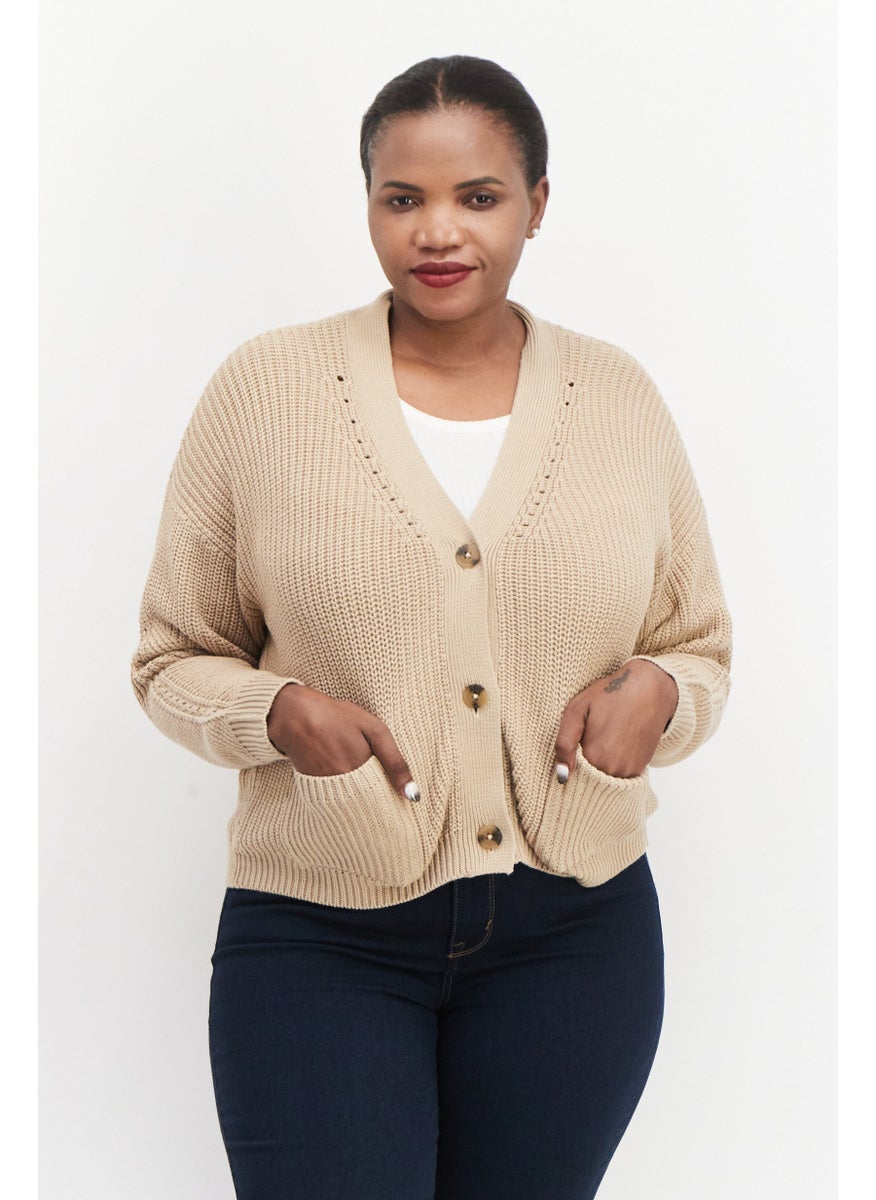 ESPRIT Women V-Neck Long Sleeves Knitted Cardigans, Beige  - Image 1