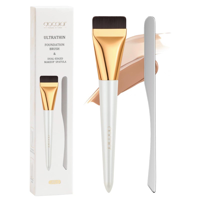docolor Flat Foundation Brush and Makeup Spatula Set, Thin Liquid Foundation Brushes Dual Edged Spatula Brush Makeup Korean Foundation Brush for Blending, Cream, Thin Makeup Brush &Make Up Spatula - Image 1