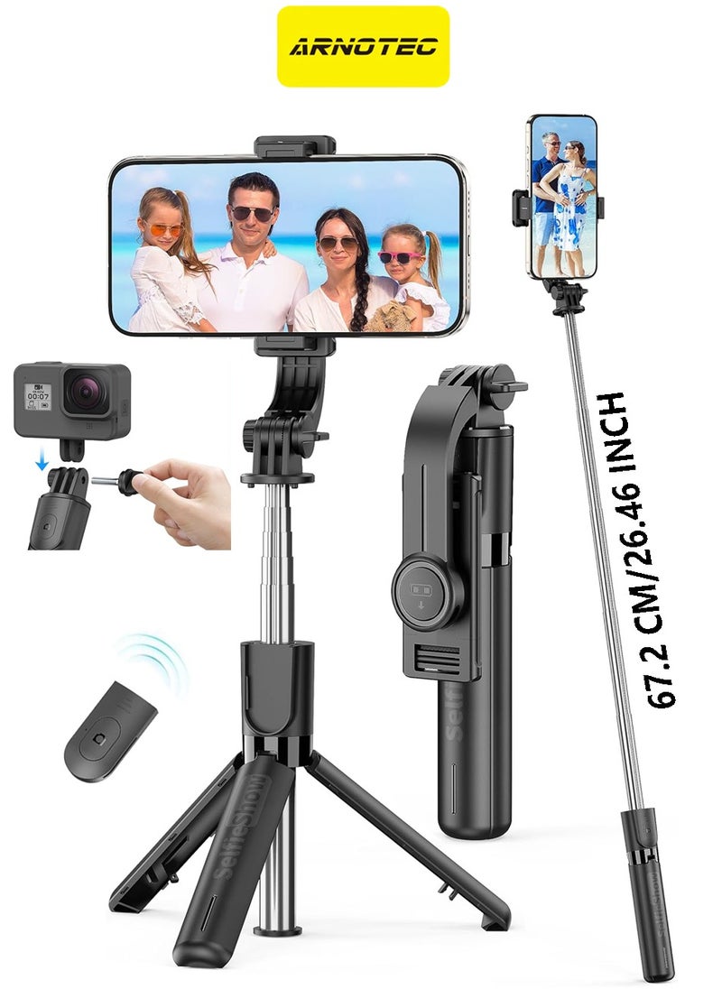ARNOTEC - 26.46inches(67.2cm)Portable Selfie Stick Tripod, 4 in 1 Extendable Phone Tripod Stand with Detachable Wireless Remote & Phone Holder 360° Rotating Mini Travel Tripod Compatible with iPhone 16/15/14/13 Pro/Android/Gopro - Image 1