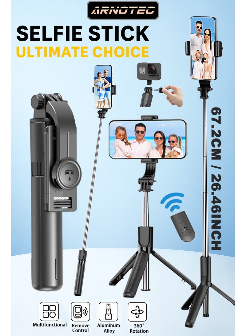 ARNOTEC 26.46inches(67.2cm)Portable Selfie Stick Tripod, 4 in 1 Extendable Phone Tripod Stand with Detachable Wireless Remote & Phone Holder 360° Rotating Mini Travel Tripod Compatible with iPhone 16/15/14/13 Pro/Android/Gopro - Image 1