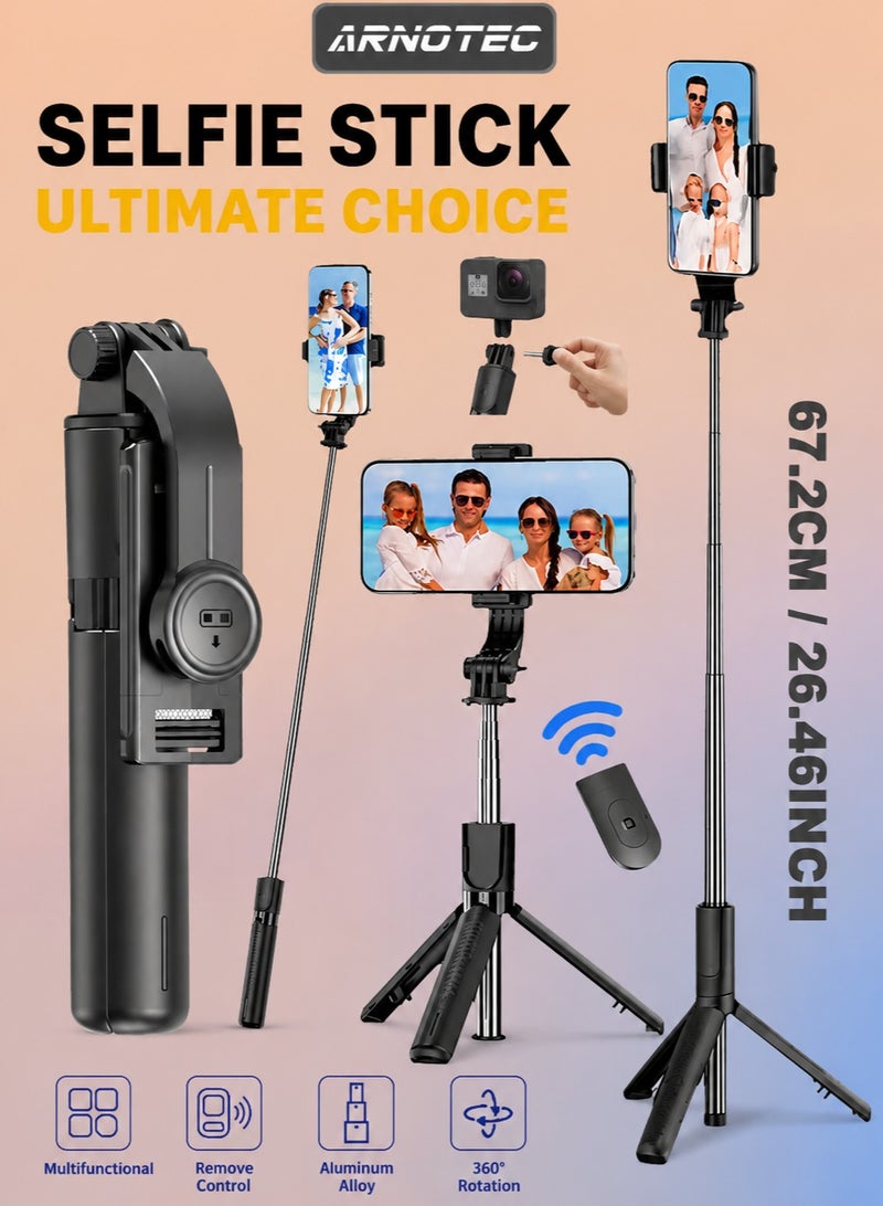 ARNOTEC 26.46inches(67.2cm)Portable Selfie Stick Tripod, 4 in 1 Extendable Phone Tripod Stand with Detachable Wireless Remote & Phone Holder 360° Rotating Mini Travel Tripod Compatible with iPhone 16/15/14/13 Pro/Android/Gopro - Image 1