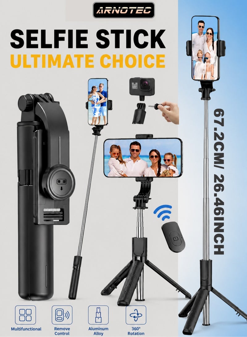 ARNOTEC 26.46inches(67.2cm)Portable Selfie Stick Tripod, 4 in 1 Extendable Phone Tripod Stand with Detachable Wireless Remote & Phone Holder 360° Rotating Mini Travel Tripod Compatible with iPhone 16/15/14/13 Pro/Android/Gopro - Image 1