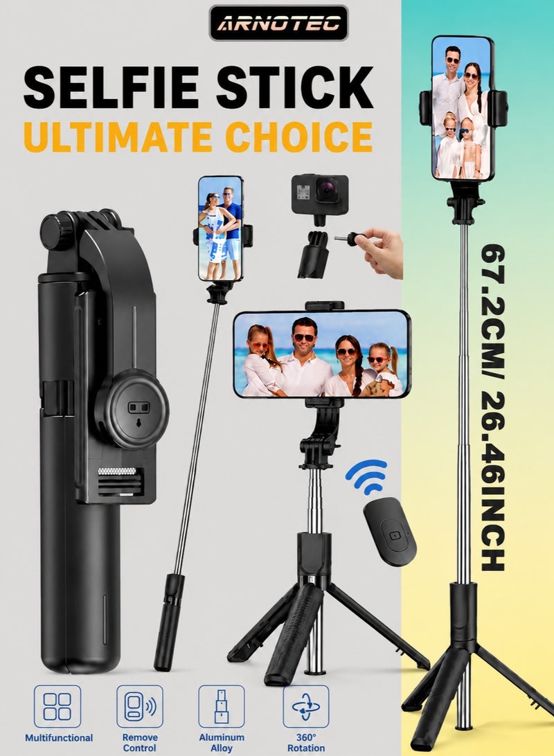 ARNOTEC 26.46inches(67.2cm)Portable Selfie Stick Tripod, 4 in 1 Extendable Phone Tripod Stand with Detachable Wireless Remote & Phone Holder 360° Rotating Mini Travel Tripod Compatible with iPhone 16/15/14/13 Pro/Android/Gopro - Image 1