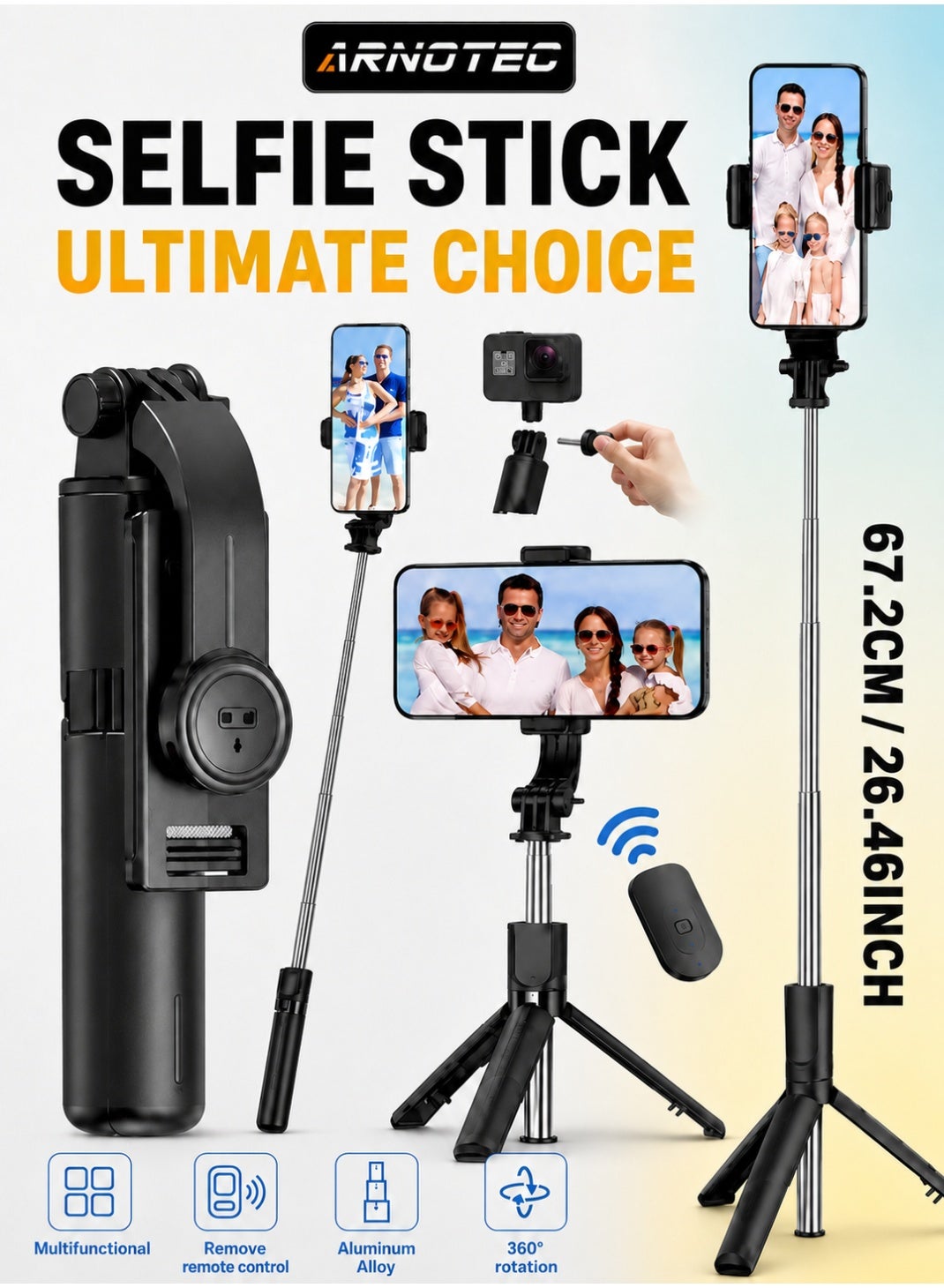 26.46inches(67.2cm)Portable Selfie Stick Tripod, 4 in 1 Extendable Phone Tripod Stand with Detachable Wireless Remote & Phone Holder 360° Rotating Mini Travel Tripod Compatible with iPhone 16/15/14/13 Pro/Android/Gopro