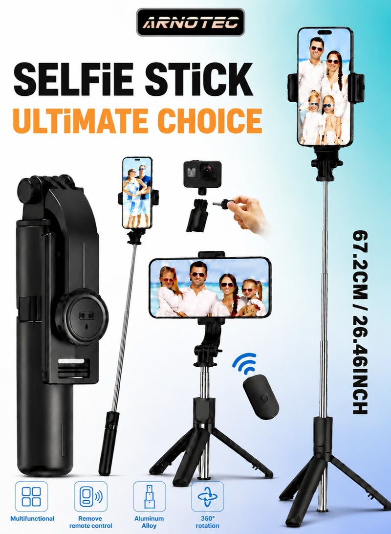 ARNOTEC 26.46inches(67.2cm)Portable Selfie Stick Tripod, 4 in 1 Extendable Phone Tripod Stand with Detachable Wireless Remote & Phone Holder 360° Rotating Mini Travel Tripod Compatible with iPhone 16/15/14/13 Pro/Android/Gopro - Image 1