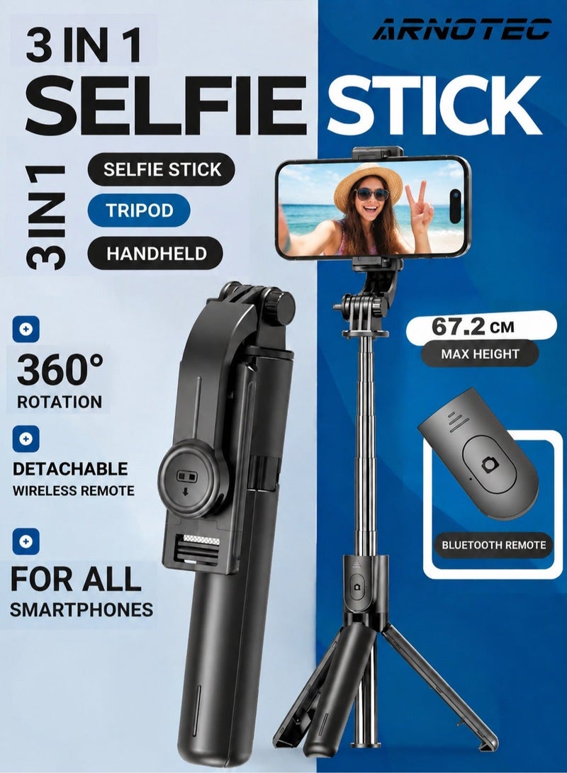 ARNOTEC 26.46inches(67.2cm)Portable Selfie Stick Tripod, 3 in 1 Extendable Phone Tripod Stand with Detachable Wireless Remote & Phone Holder 360° Rotating Mini Travel Tripod Compatible with iPhone 16/15/14/13 Pro/Android/Gopro - Image 1