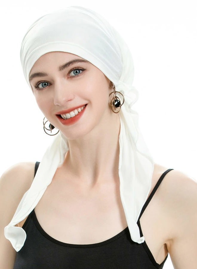 ZLYC Chemo Headwear Pre Tied Head Scarf Headwraps Lightweight Turban Beanie Cap for Women (Plain White) - Image 3