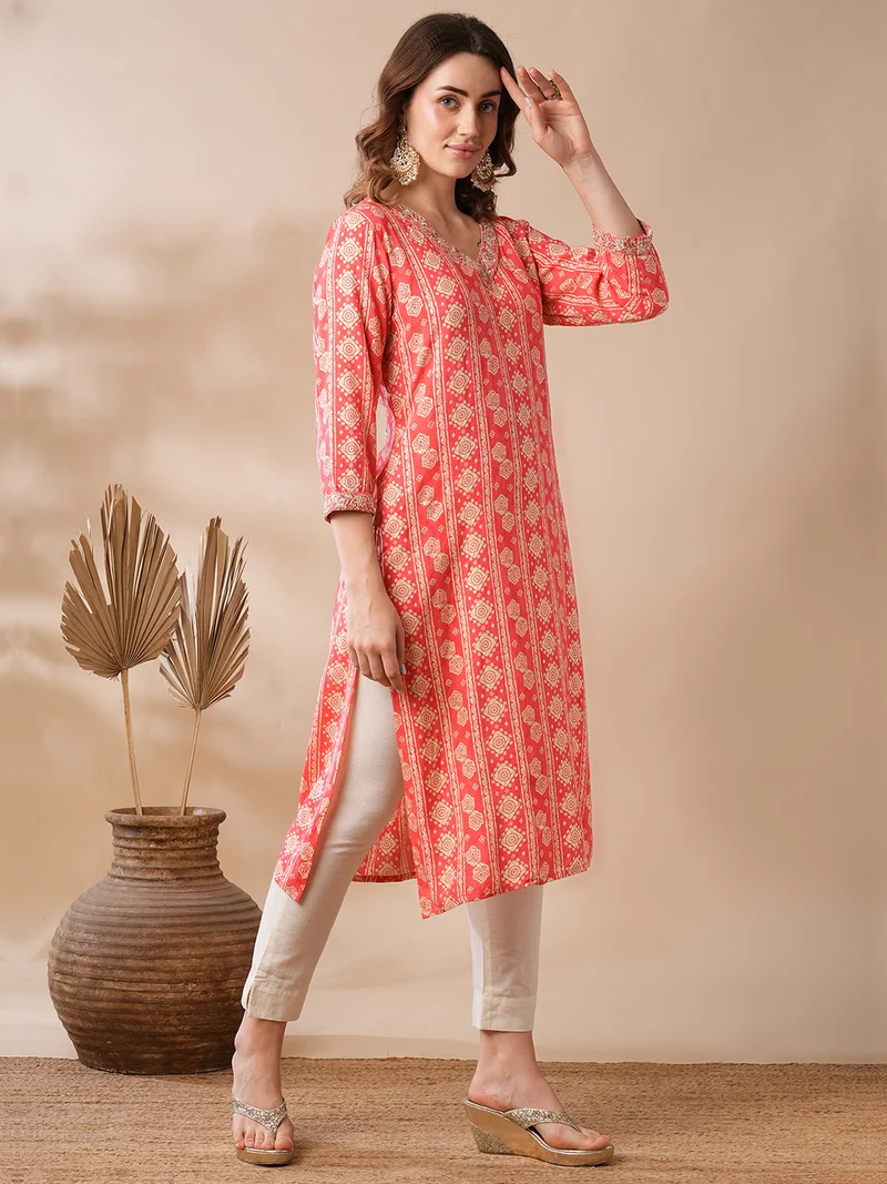 globus Women Coral Ethnic Motifs Printed V-Neck Straight Kurta