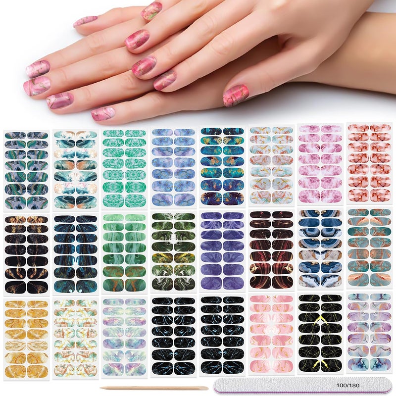 DANNEASY 24 Sheets Full Nail Wraps for Women  Marble Print Nail Polish Strips Self Adhesive Gel Nail Stickers Acrylic Manicure Strips Nails Art Accessories with 1pc File Cuticle Stick