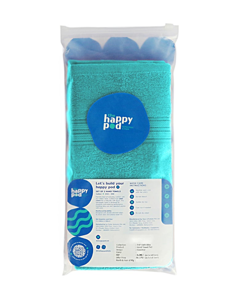THE HAPPY POD Essential 100% Cotton Hand Towel - Pack of 2, Soft & Absorbent, Quick Dry, Lightweight Towels for Bathroom, Kitchen & Gym| 40 x 60 cm - 380 GSM | Turquoise - Image 2