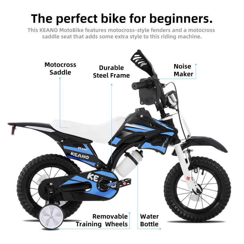 KEANO Motocross Style Kids Bike for Boys Girls Ages 2-4 Years, 12 Inch Bikes with Training Wheels and Number Plate, Toddler Bike Children Bicycles Blue - Image 2