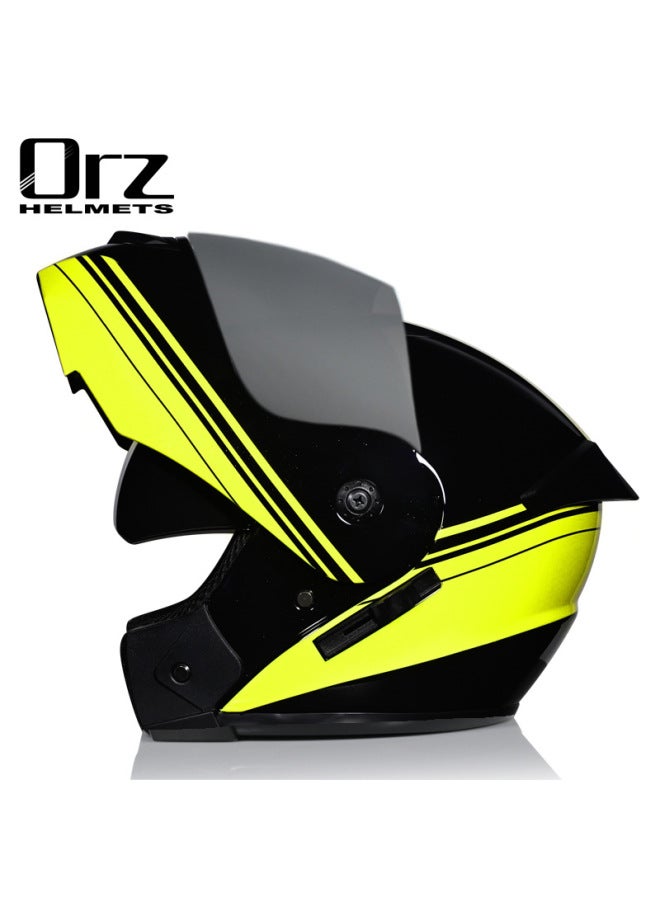 Orz Electric Car Helmet Double Lens Full Face Racing Helmet Unisex, Vertical and Horizontal Yellow with Silver Plating